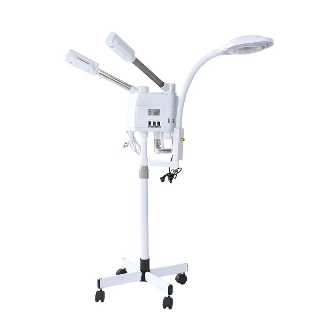 3 in 1 Hot And Cold 2 Spray-Heads Face Steamer With 8X Magnifying Lamp Ring Light Vapor Ozone Facial Vaporizer For Salon